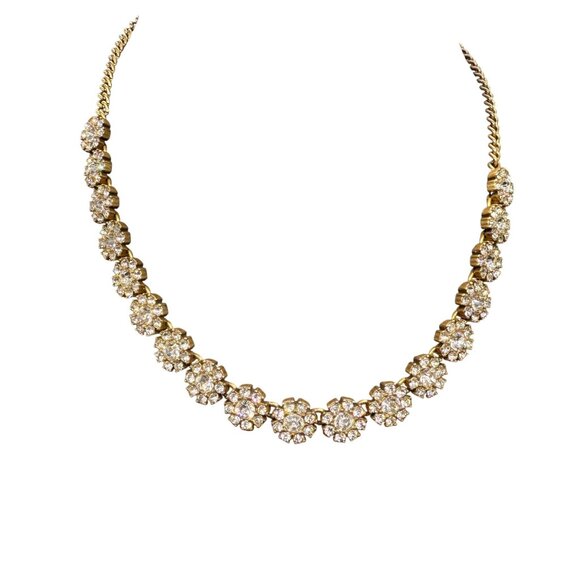 J Crew Clear Rhinestone and Crystal Flower Statement Necklace Gold Tone - Picture 2 of 6